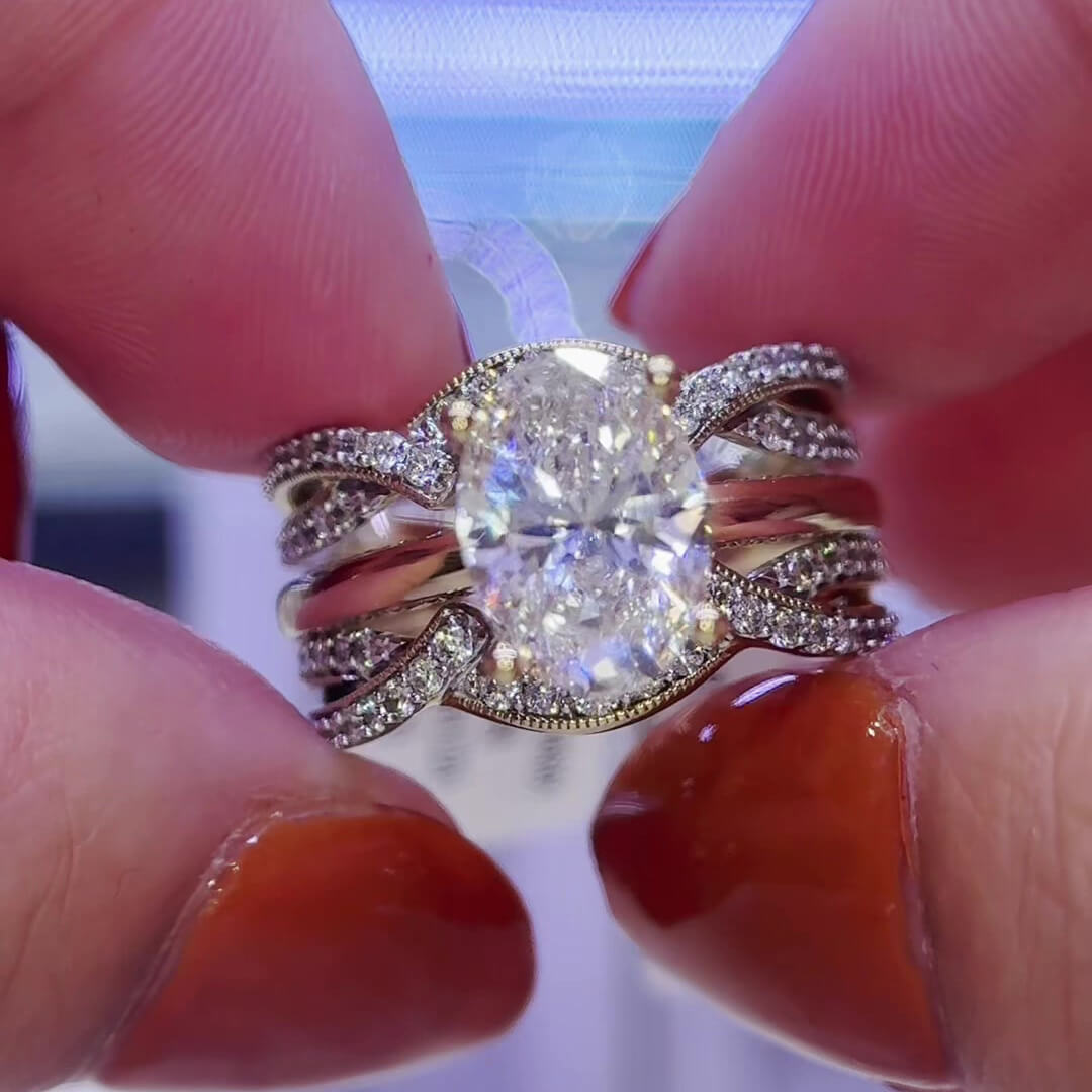 Oval Cut Diamond White Sterling Silver Yellow Gold Enhancer Bridal Ring Sets