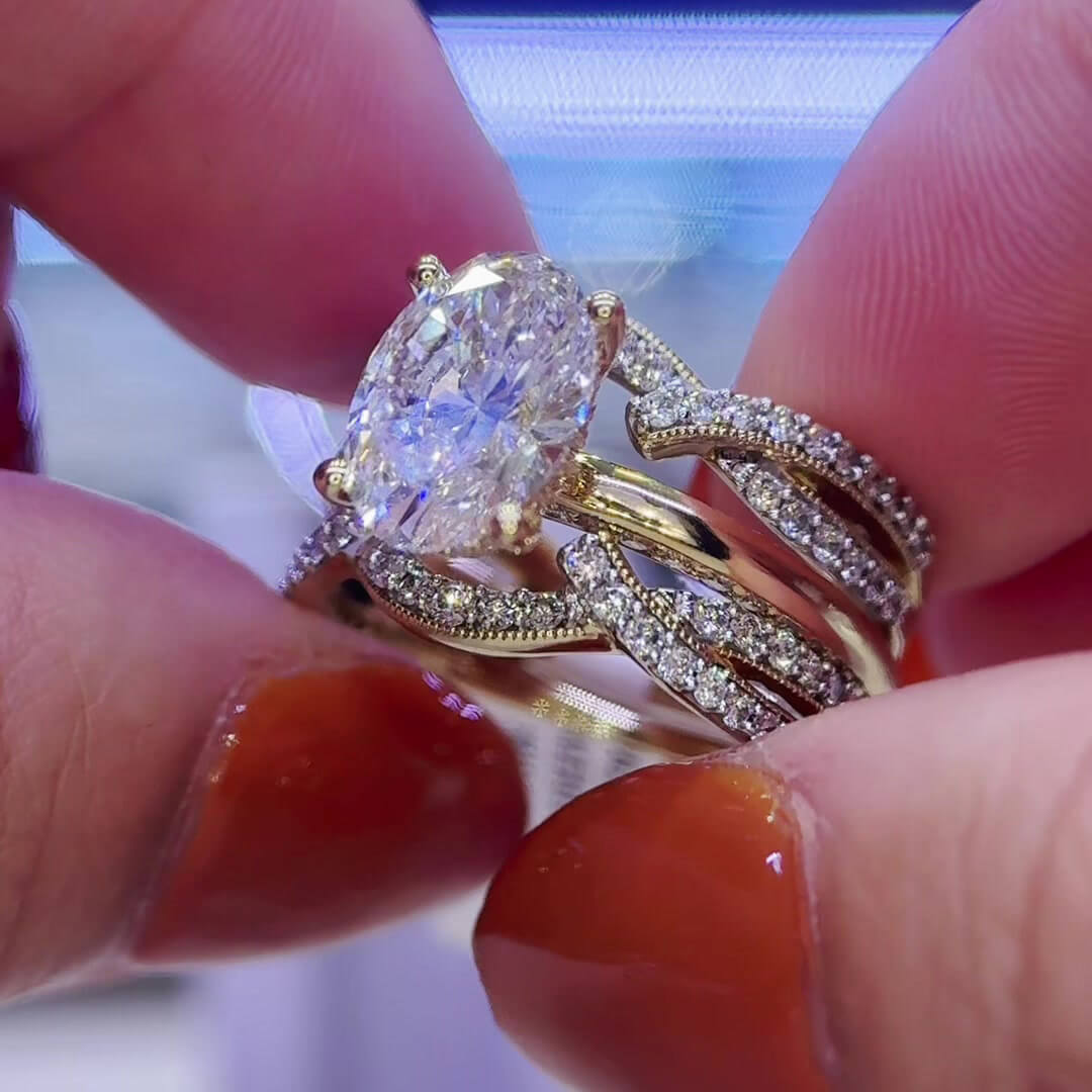 Oval Cut Diamond White Sterling Silver Yellow Gold Enhancer Bridal Ring Sets