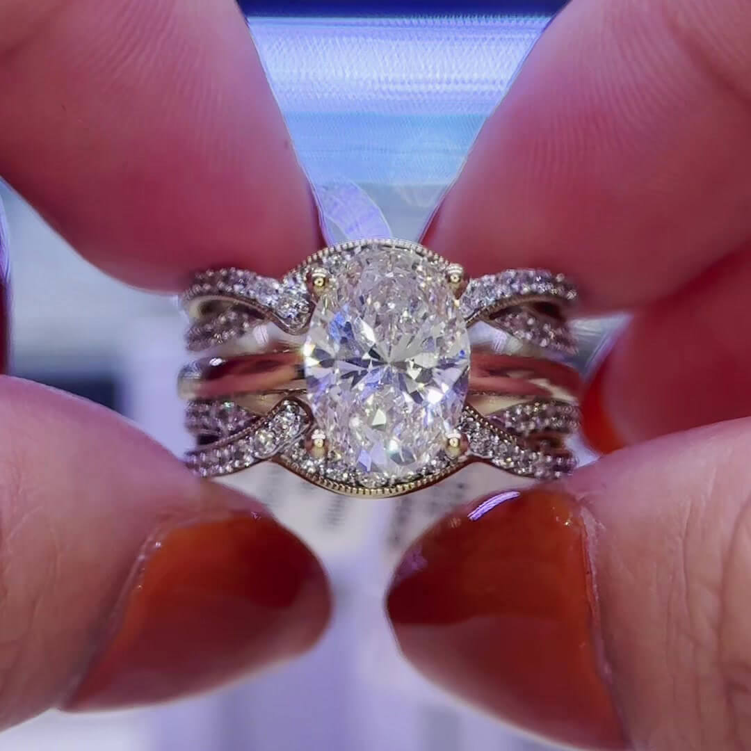 Oval Cut Diamond White Sterling Silver Yellow Gold Enhancer Bridal Ring Sets