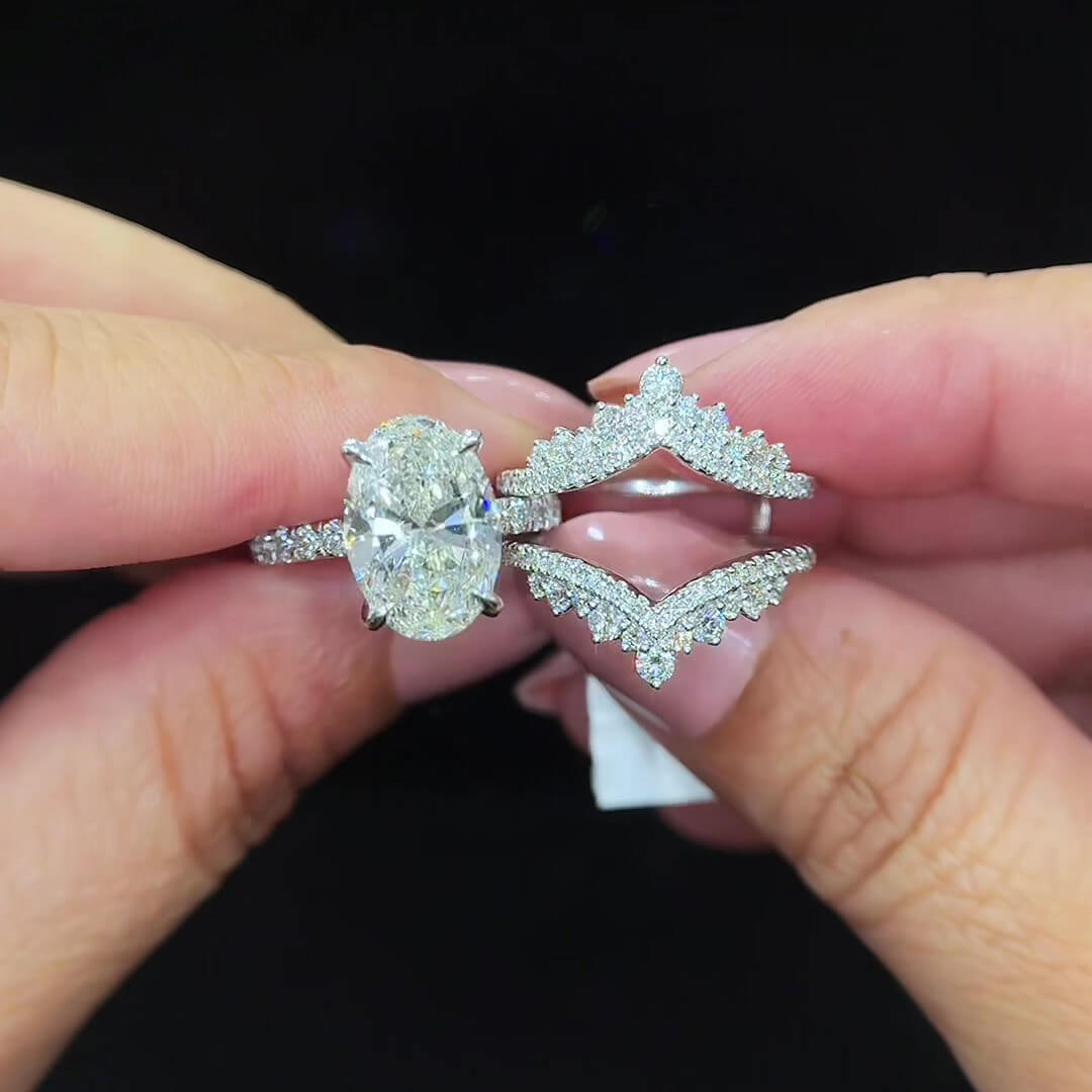 Oval Cut Diamond White Sterling Silver Enhancer Hidden Halo Bridal Ring Sets