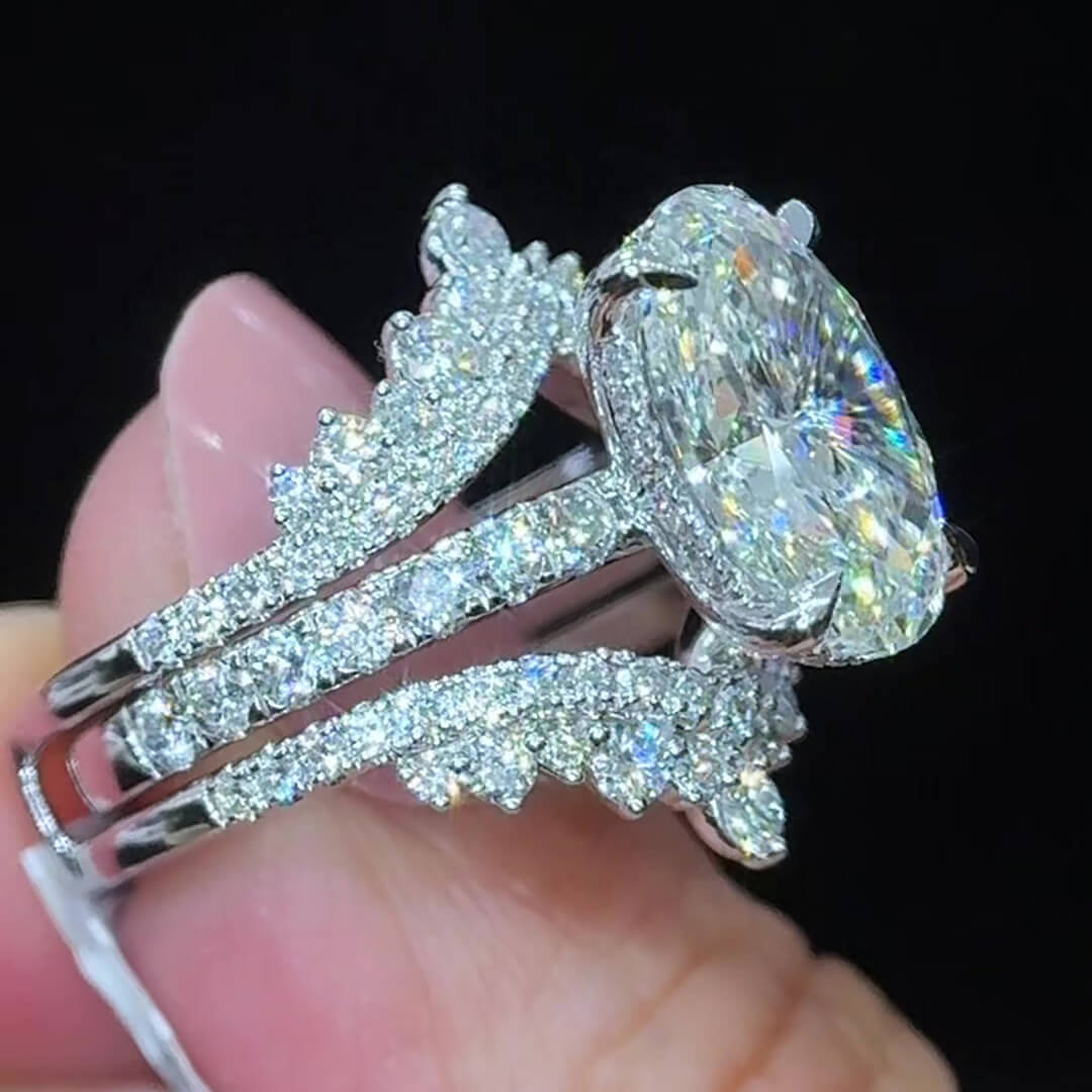 Oval Cut Diamond White Sterling Silver Enhancer Hidden Halo Bridal Ring Sets