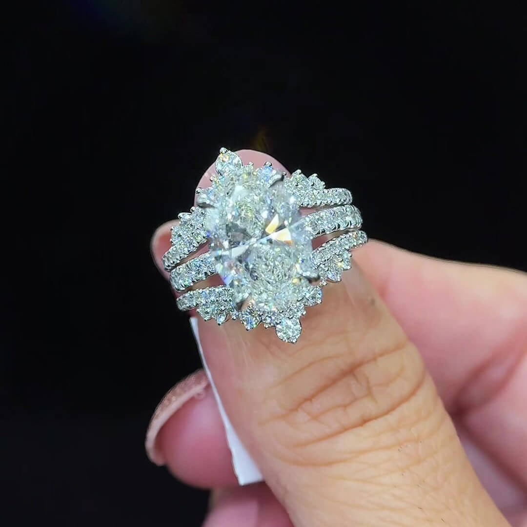 Oval Cut Diamond White Sterling Silver Enhancer Hidden Halo Bridal Ring Sets