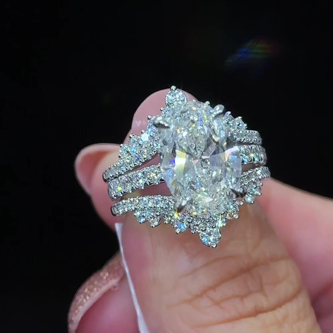 Oval Cut Diamond White Sterling Silver Enhancer Hidden Halo Bridal Ring Sets