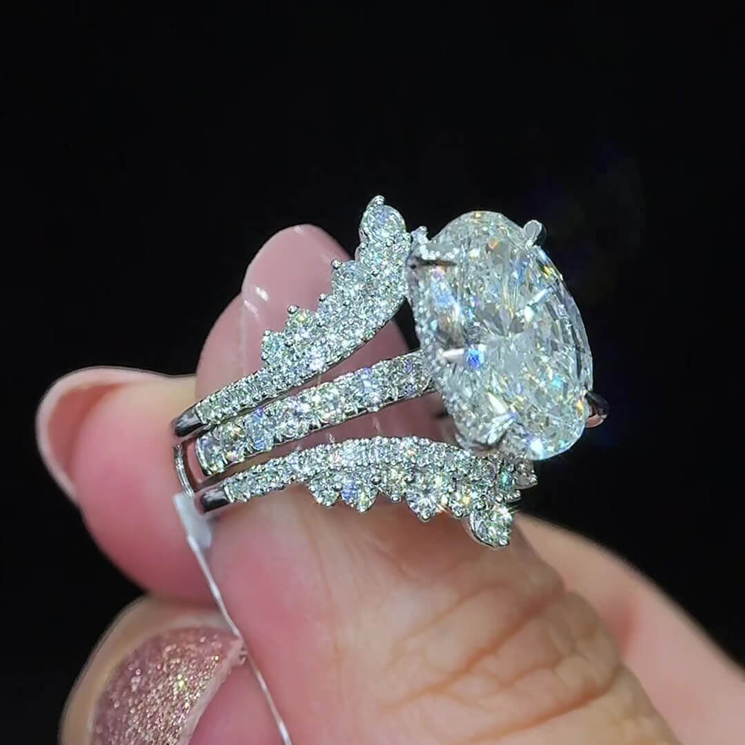 Oval Cut Diamond White Sterling Silver Enhancer Hidden Halo Bridal Ring Sets