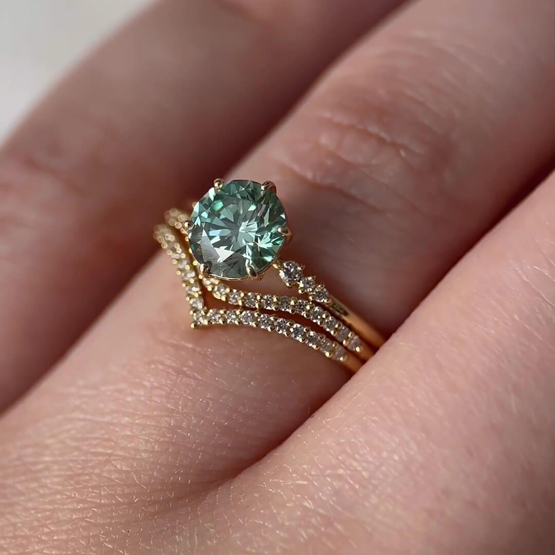 Round Cut Peridot Green Yellow Gold Sterling Silver Stackable 3-Piece Bridal Ring Set