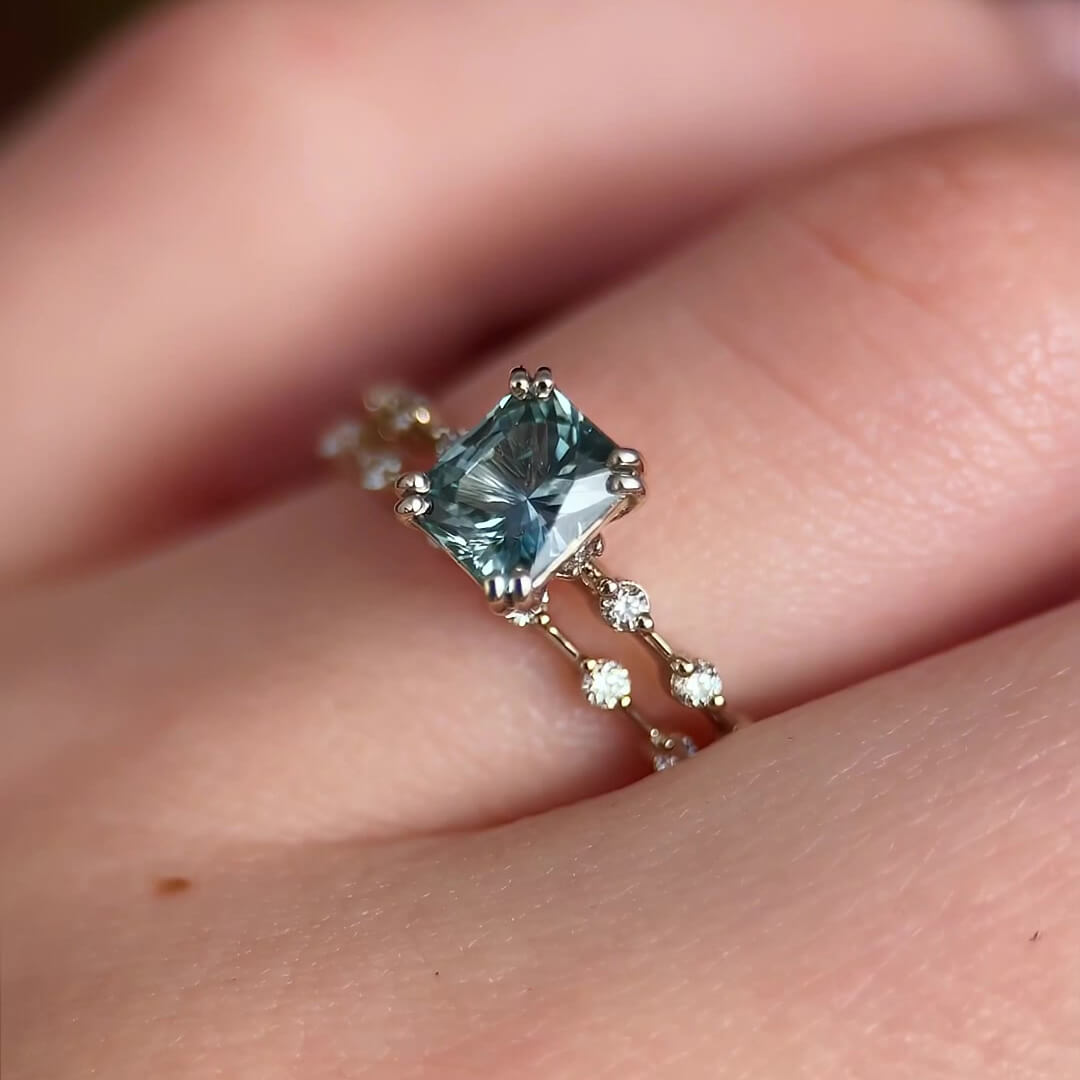 Radiant Cut Aquamarine Blue Sterling Silver Stackable Classic Bridal Ring Set