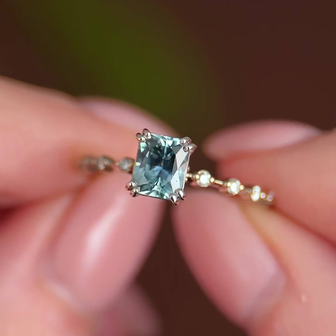 Radiant Cut Aquamarine Blue Sterling Silver Stackable Classic Bridal Ring Set