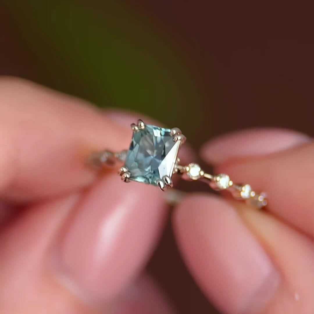 Radiant Cut Aquamarine Blue Sterling Silver Stackable Classic Bridal Ring Set