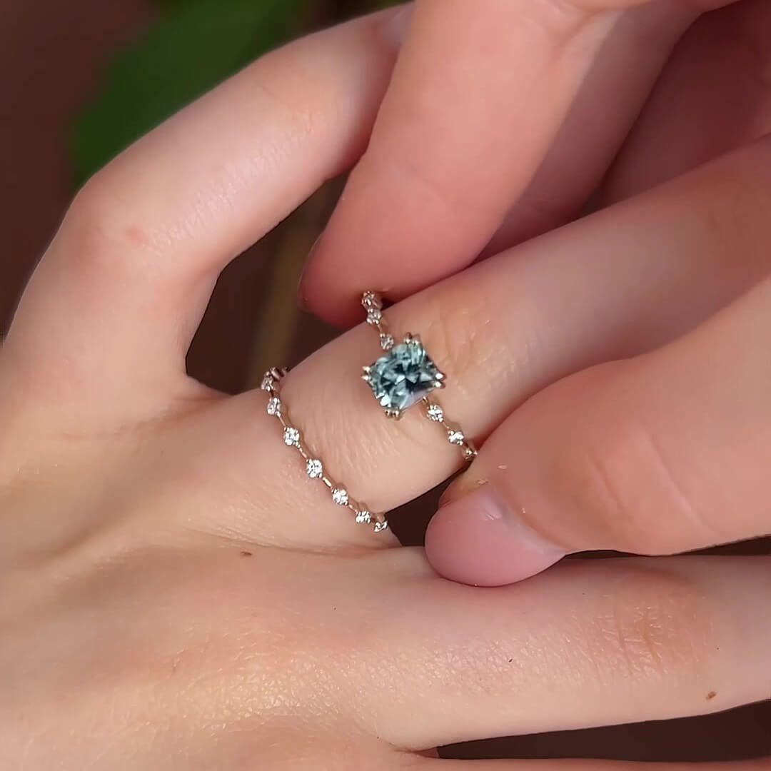 Radiant Cut Aquamarine Blue Sterling Silver Stackable Classic Bridal Ring Set