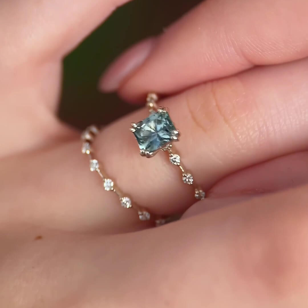 Radiant Cut Aquamarine Blue Sterling Silver Stackable Classic Bridal Ring Set