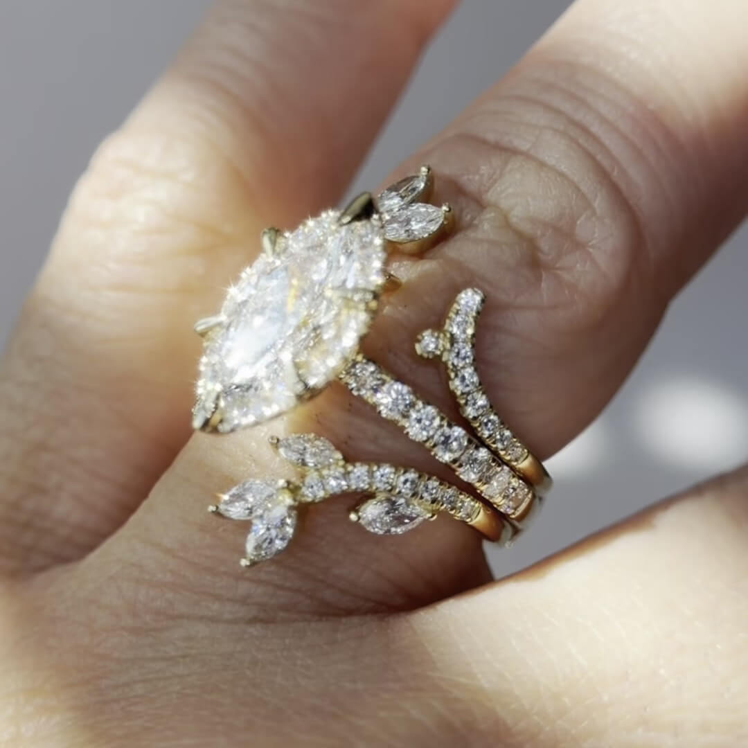 Marquise Cut Diamond White Yellow Gold Sterling Silver Insert Enhancer Halo Bridal Ring Set