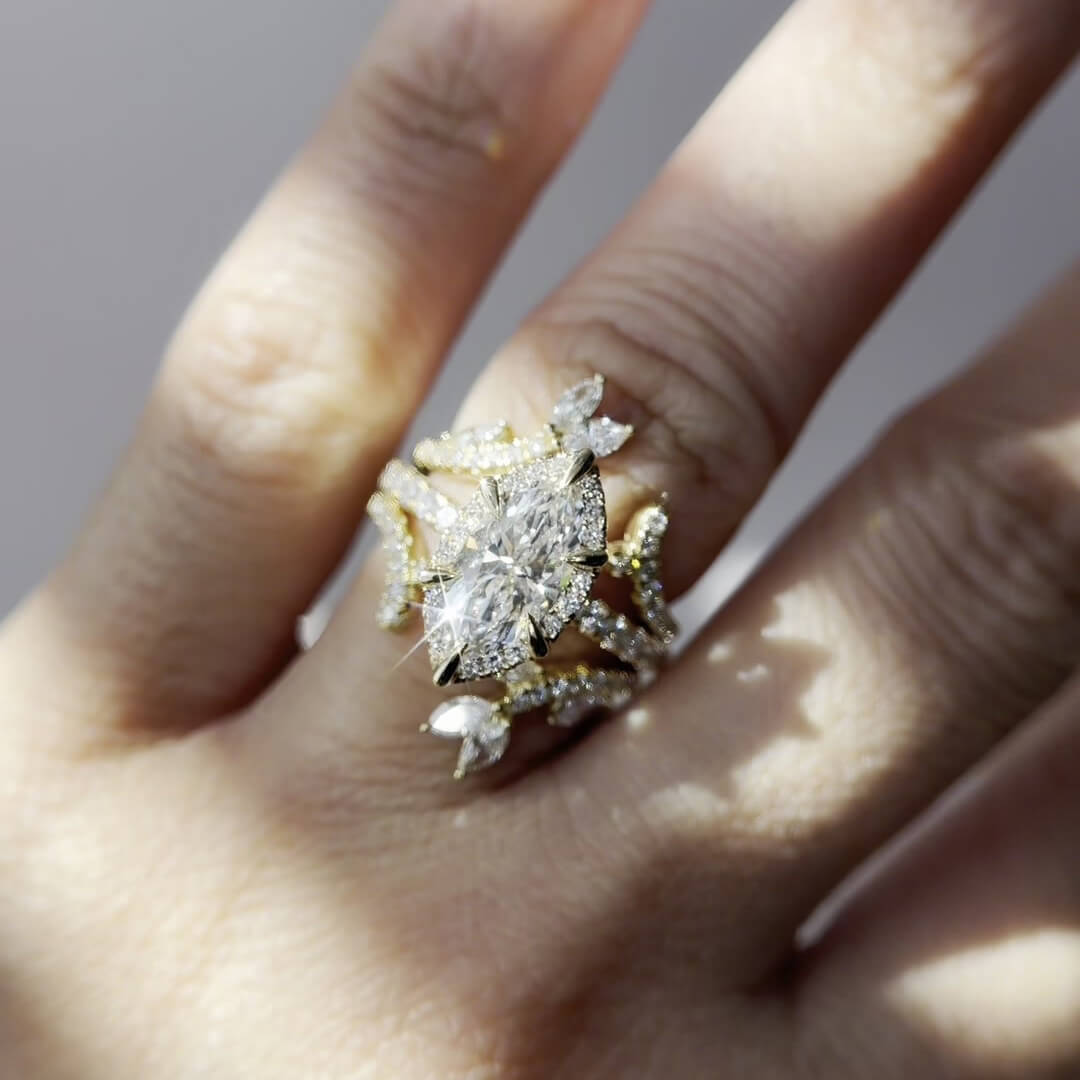 Marquise Cut Diamond White Yellow Gold Sterling Silver Insert Enhancer Halo Bridal Ring Set