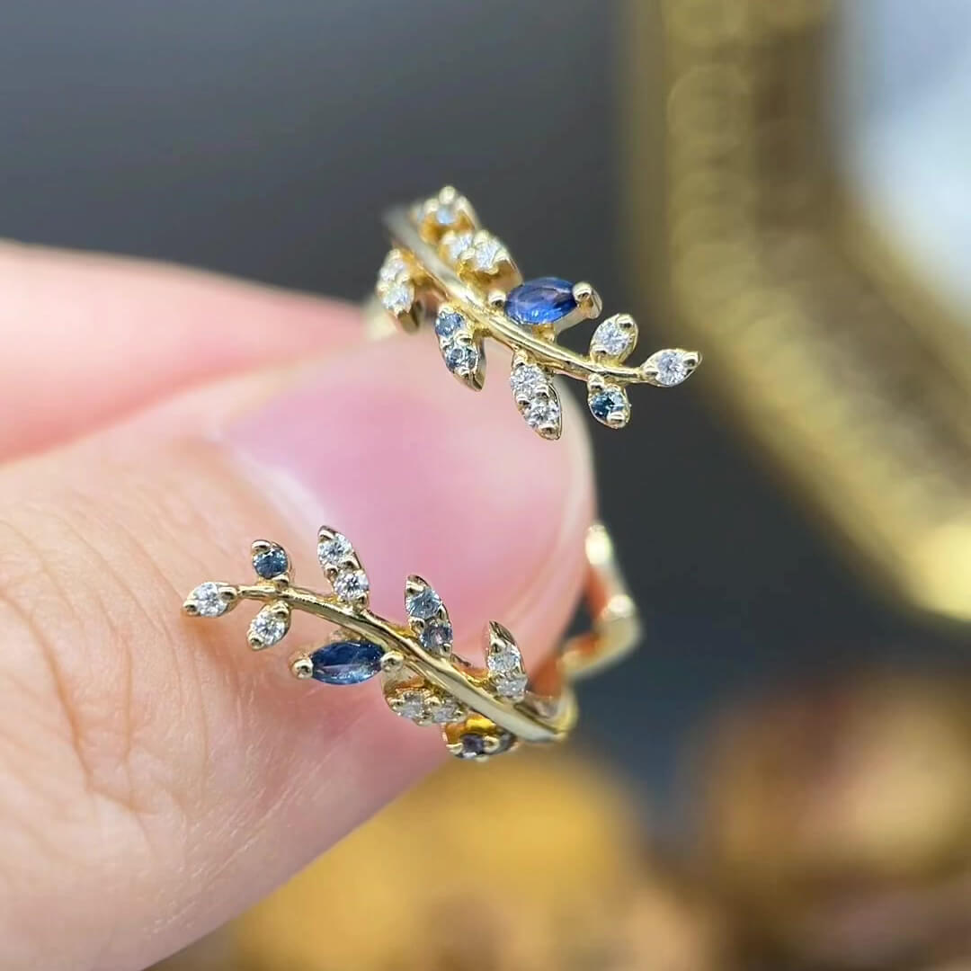 Oval Cut Diamond White Yellow Gold Sterling Silver Nature-Inspired Leaf Branch Bridal Ring Set