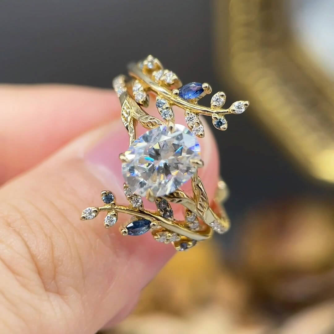 Oval Cut Diamond White Yellow Gold Sterling Silver Nature-Inspired Leaf Branch Bridal Ring Set