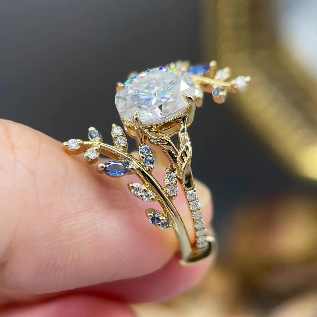 Oval Cut Diamond White Yellow Gold Sterling Silver Nature-Inspired Leaf Branch Bridal Ring Set