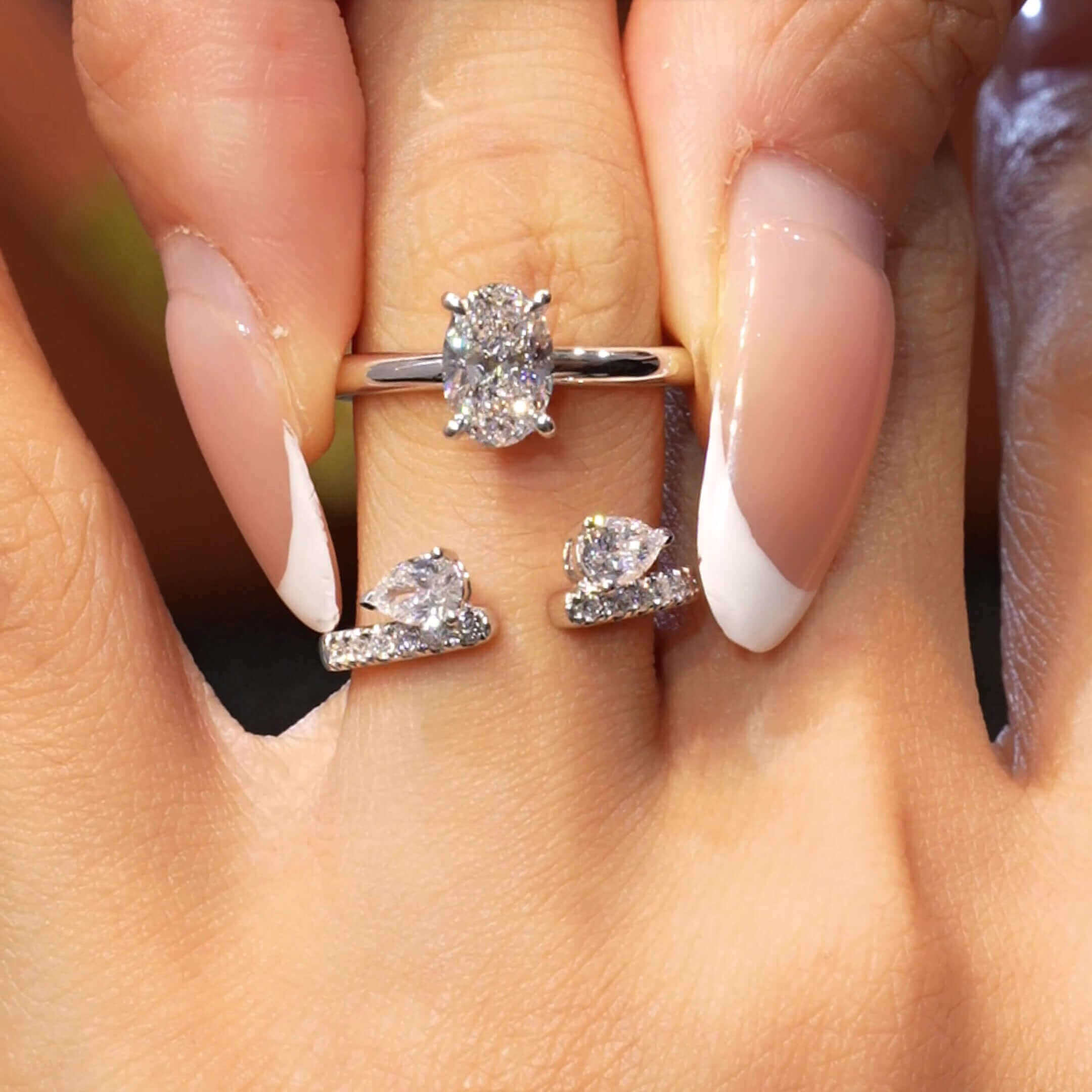 Oval Cut Diamond White Sterling Silver Solitaire Wrap Guard Bridal Ring Set