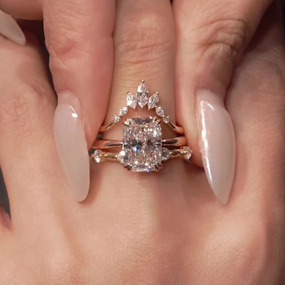 Radiant Cut Diamond White Rose Gold Sterling Silver Wrap Guard 3-Piece Bridal Ring Set