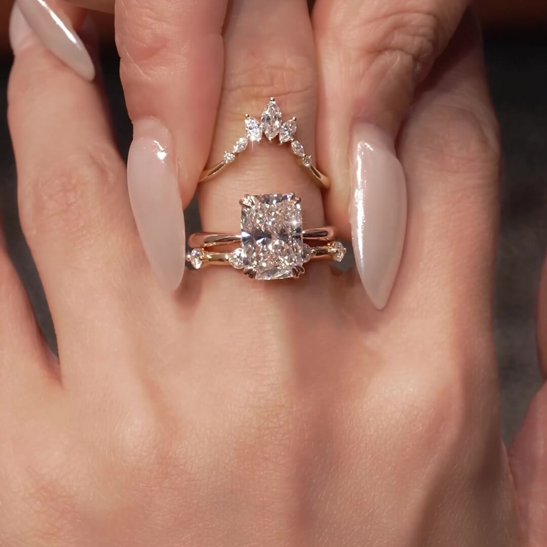 Radiant Cut Diamond White Rose Gold Sterling Silver Wrap Guard 3-Piece Bridal Ring Set