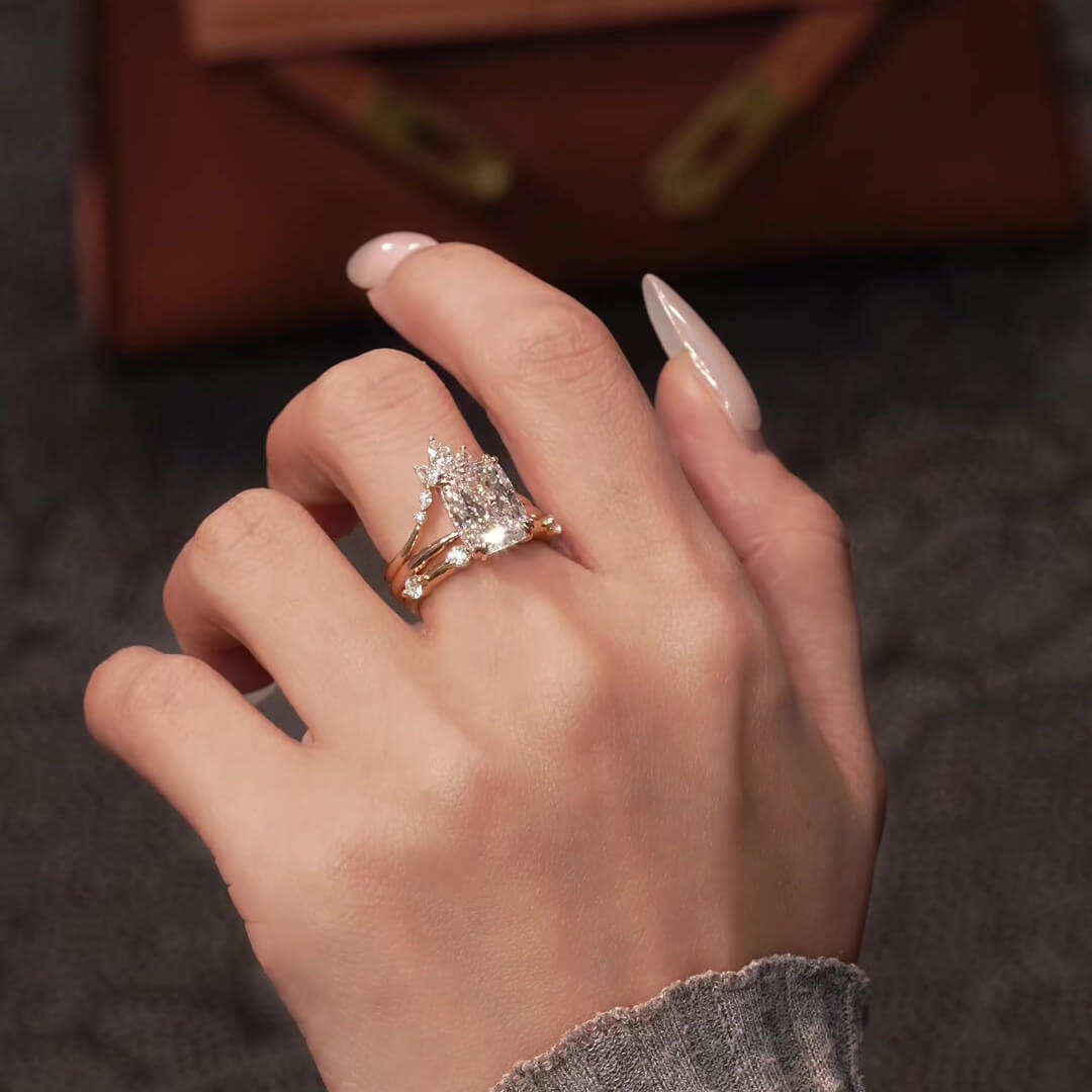 Radiant Cut Diamond White Rose Gold Sterling Silver Wrap Guard 3-Piece Bridal Ring Set