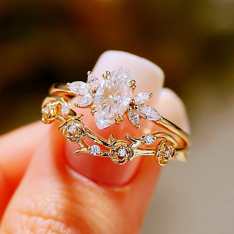 Marquise Cut Diamond White Yellow Gold Sterling Silver Flowers Art Deco Bridal Ring Set