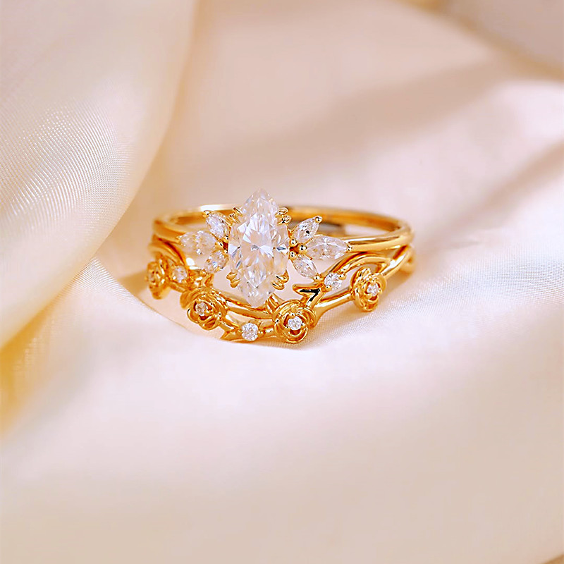 Marquise Cut Diamond White Yellow Gold Sterling Silver Flowers Art Deco Bridal Ring Set