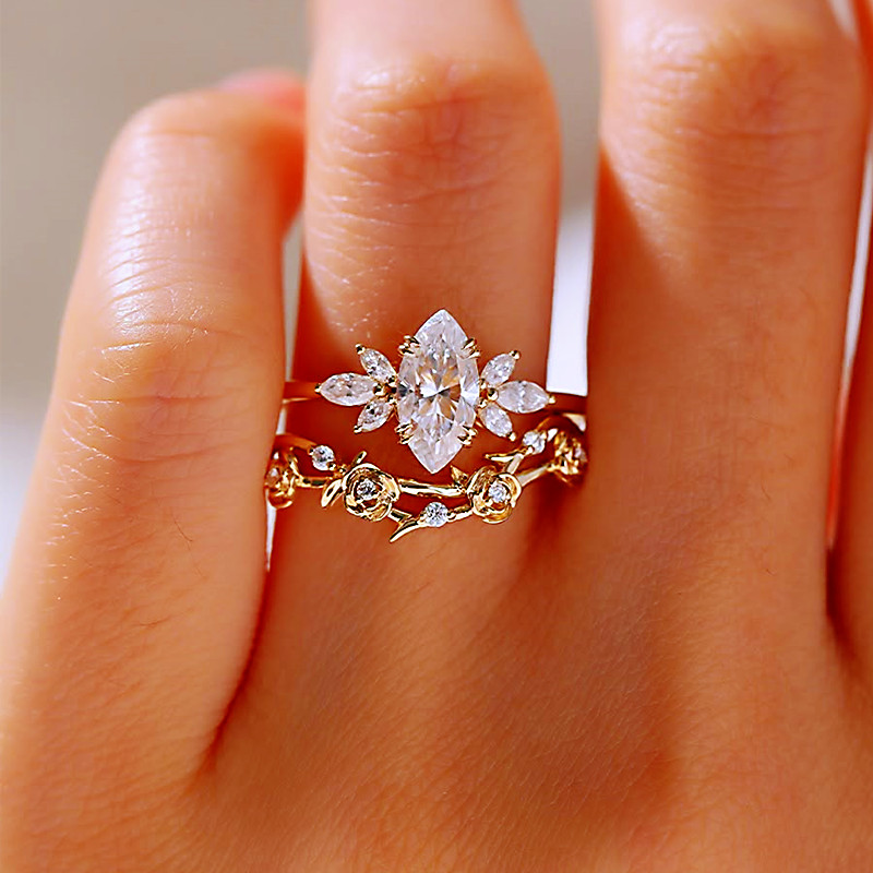 Marquise Cut Diamond White Yellow Gold Sterling Silver Flowers Art Deco Bridal Ring Set