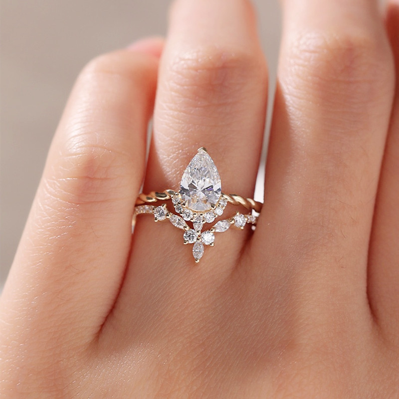 Pear Cut Diamond White Yellow Gold Sterling Silver Art Deco Bridal Ring Set