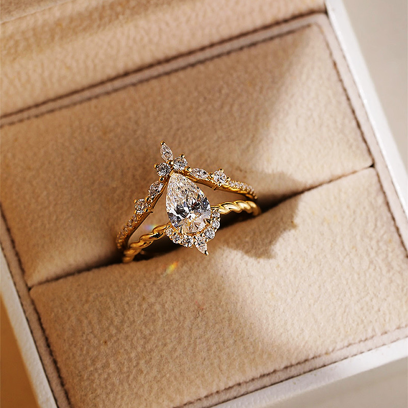 Pear Cut Diamond White Yellow Gold Sterling Silver Art Deco Bridal Ring Set