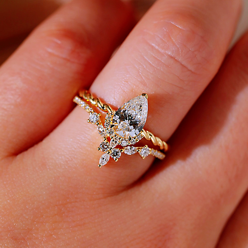 Pear Cut Diamond White Yellow Gold Sterling Silver Art Deco Bridal Ring Set