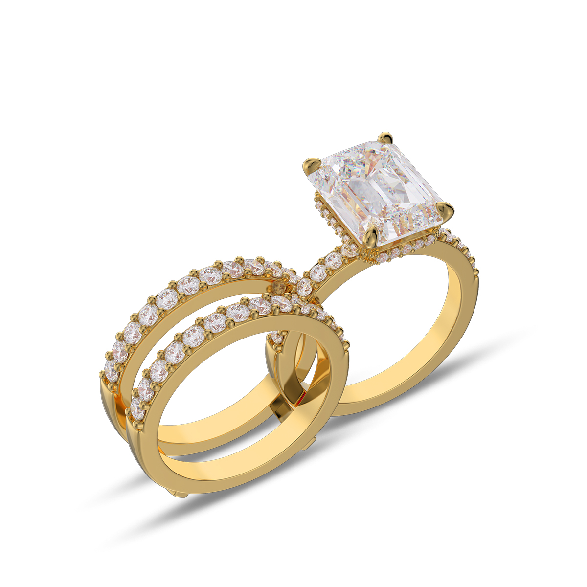 Emerald Cut Diamond White Insert Sterling Silver Hidden Halo Jacket Bridal Sets