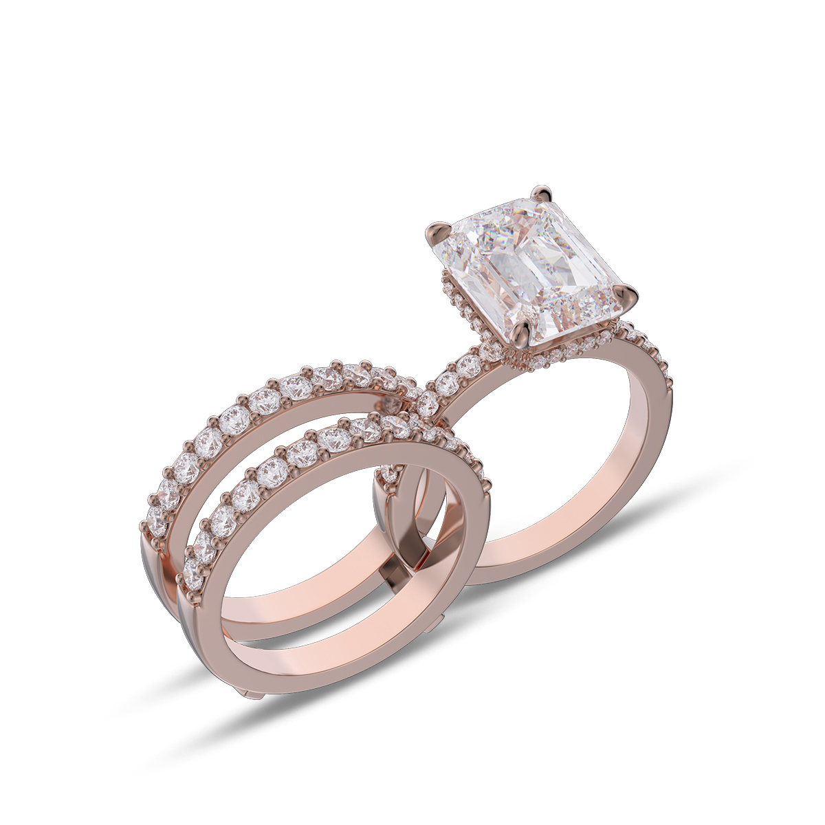 Emerald Cut Diamond White Insert Sterling Silver Hidden Halo Jacket Bridal Sets