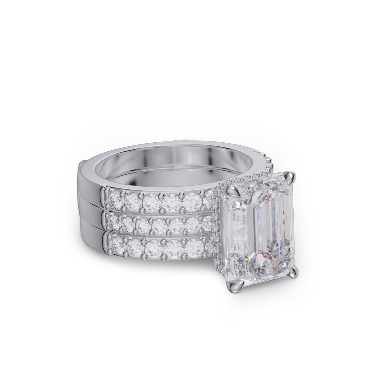 Emerald Cut Diamond White Insert Sterling Silver Hidden Halo Jacket Bridal Sets