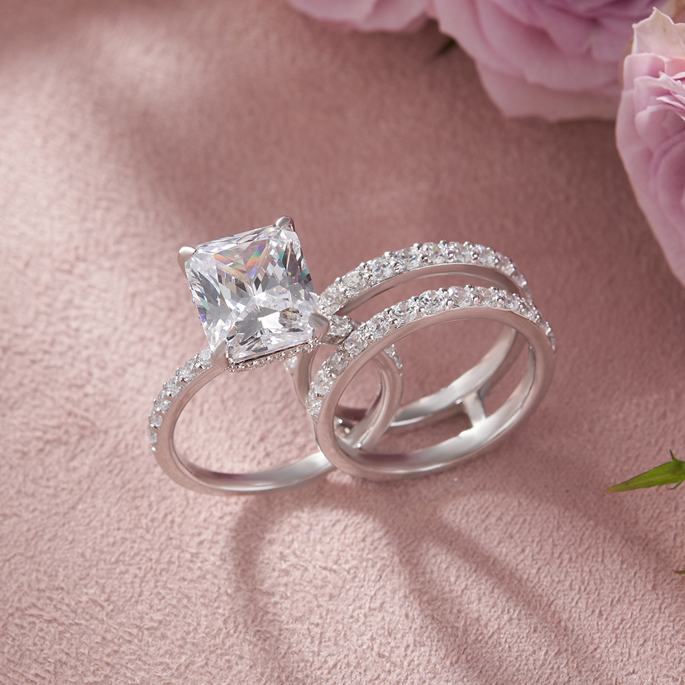 Emerald Cut Diamond White Insert Sterling Silver Hidden Halo Jacket Bridal Sets