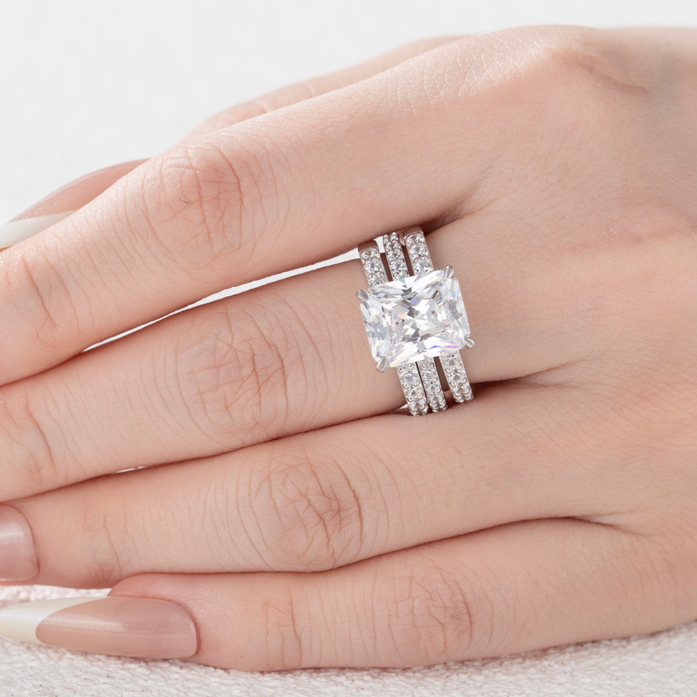 Emerald Cut Diamond White Insert Sterling Silver Hidden Halo Jacket Bridal Sets