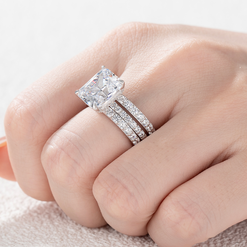 Emerald Cut Diamond White Insert Sterling Silver Hidden Halo Jacket Bridal Sets