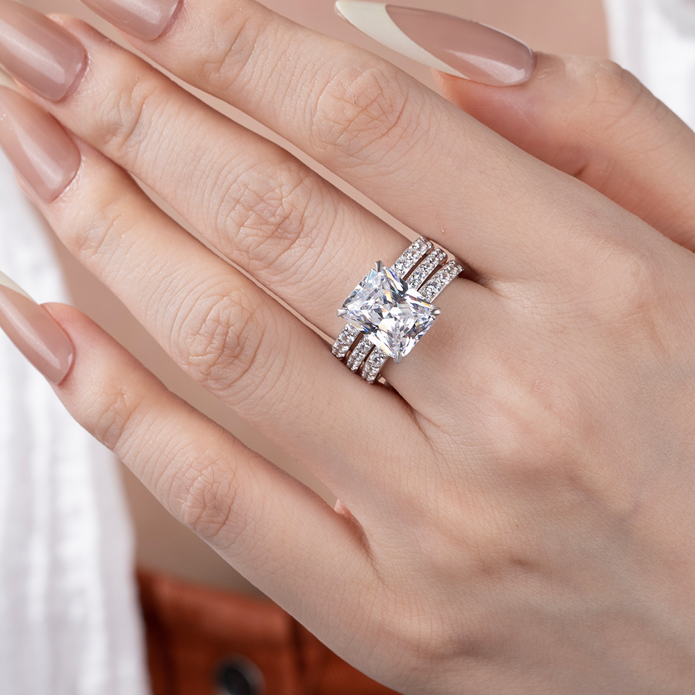 Emerald Cut Diamond White Insert Sterling Silver Hidden Halo Jacket Bridal Sets