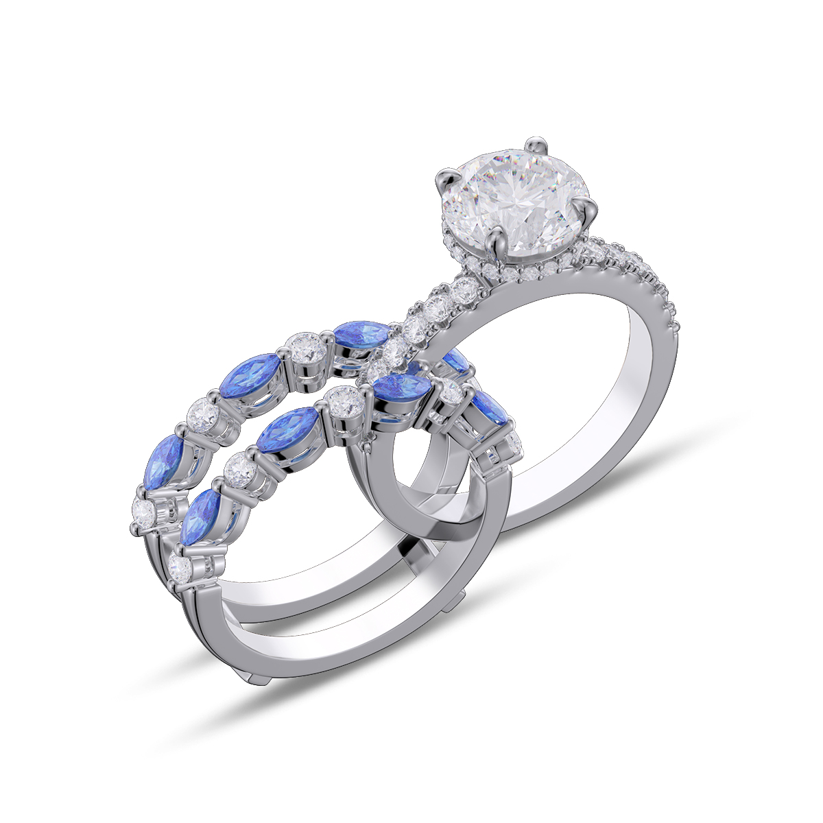 Round Cut Diamond White Insert Sterling Silver Silver Hidden Halo Jacket Bridal Sets