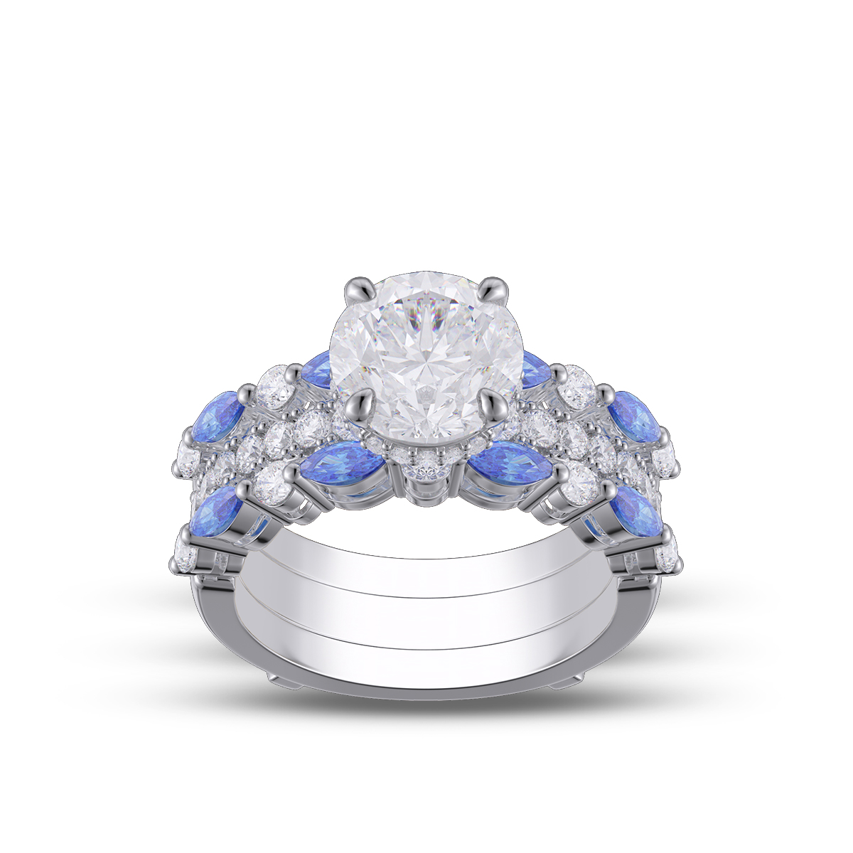 Round Cut Diamond White Insert Sterling Silver Silver Hidden Halo Jacket Bridal Sets