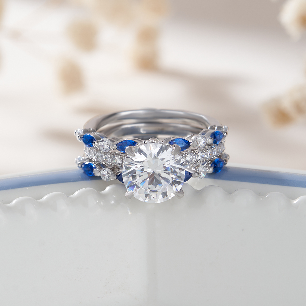 Round Cut Diamond White Insert Sterling Silver Silver Hidden Halo Jacket Bridal Sets