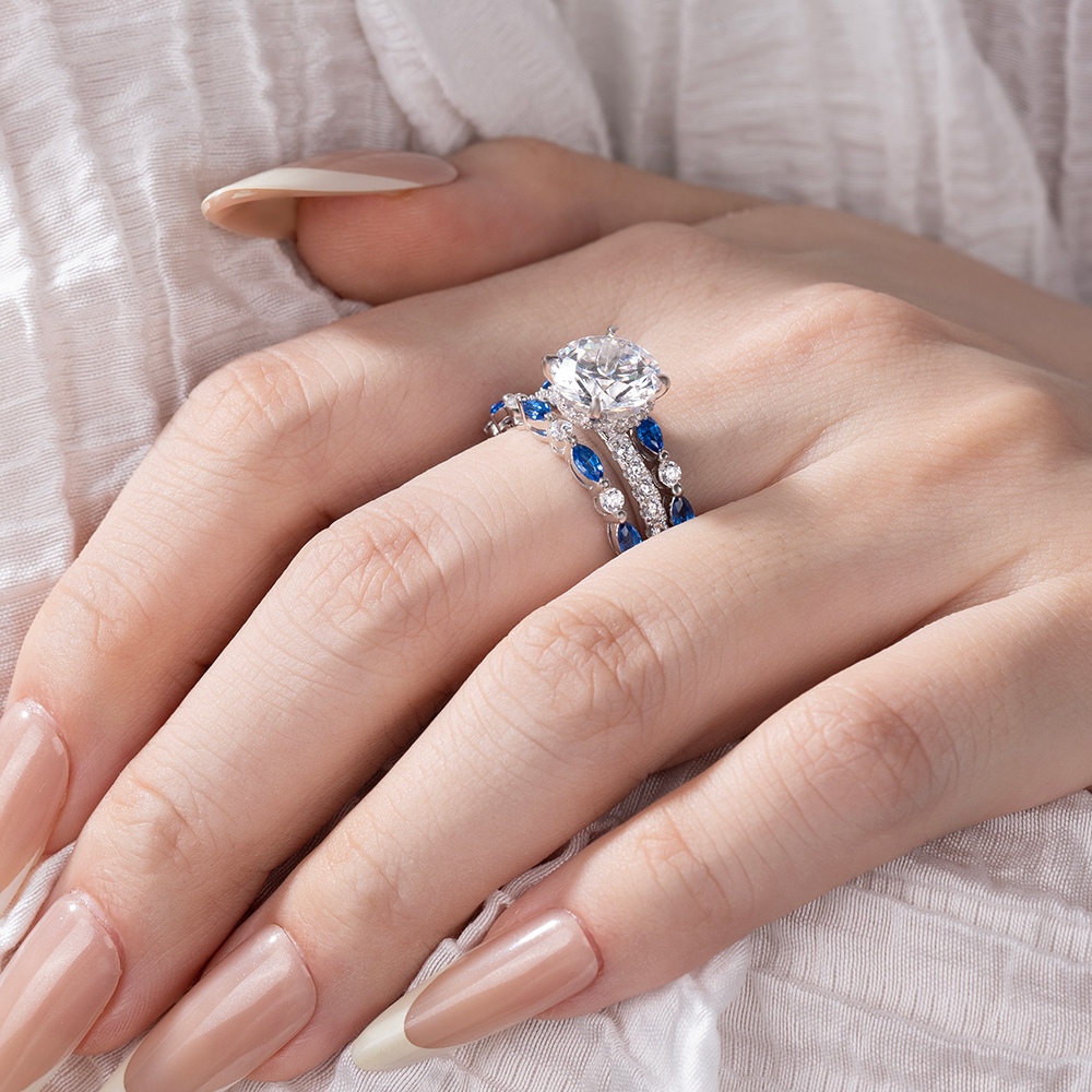 Round Cut Diamond White Insert Sterling Silver Silver Hidden Halo Jacket Bridal Sets