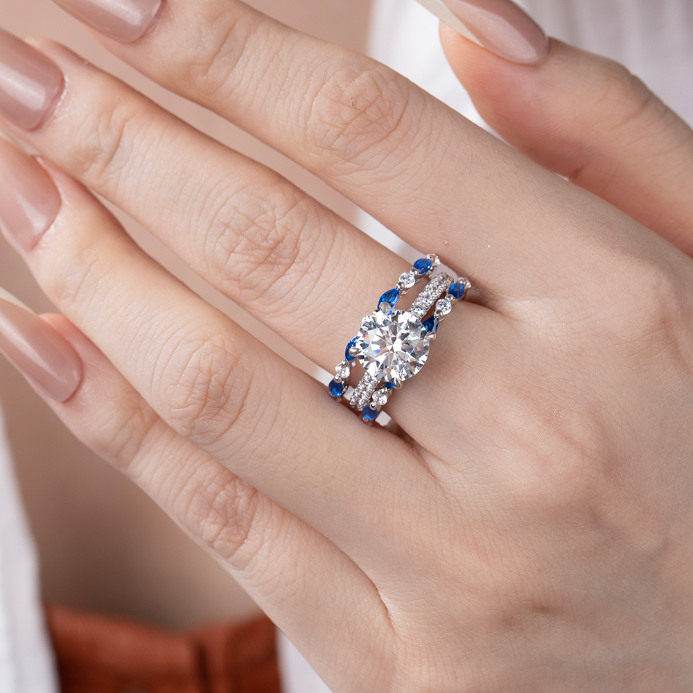 Round Cut Diamond White Insert Sterling Silver Silver Hidden Halo Jacket Bridal Sets