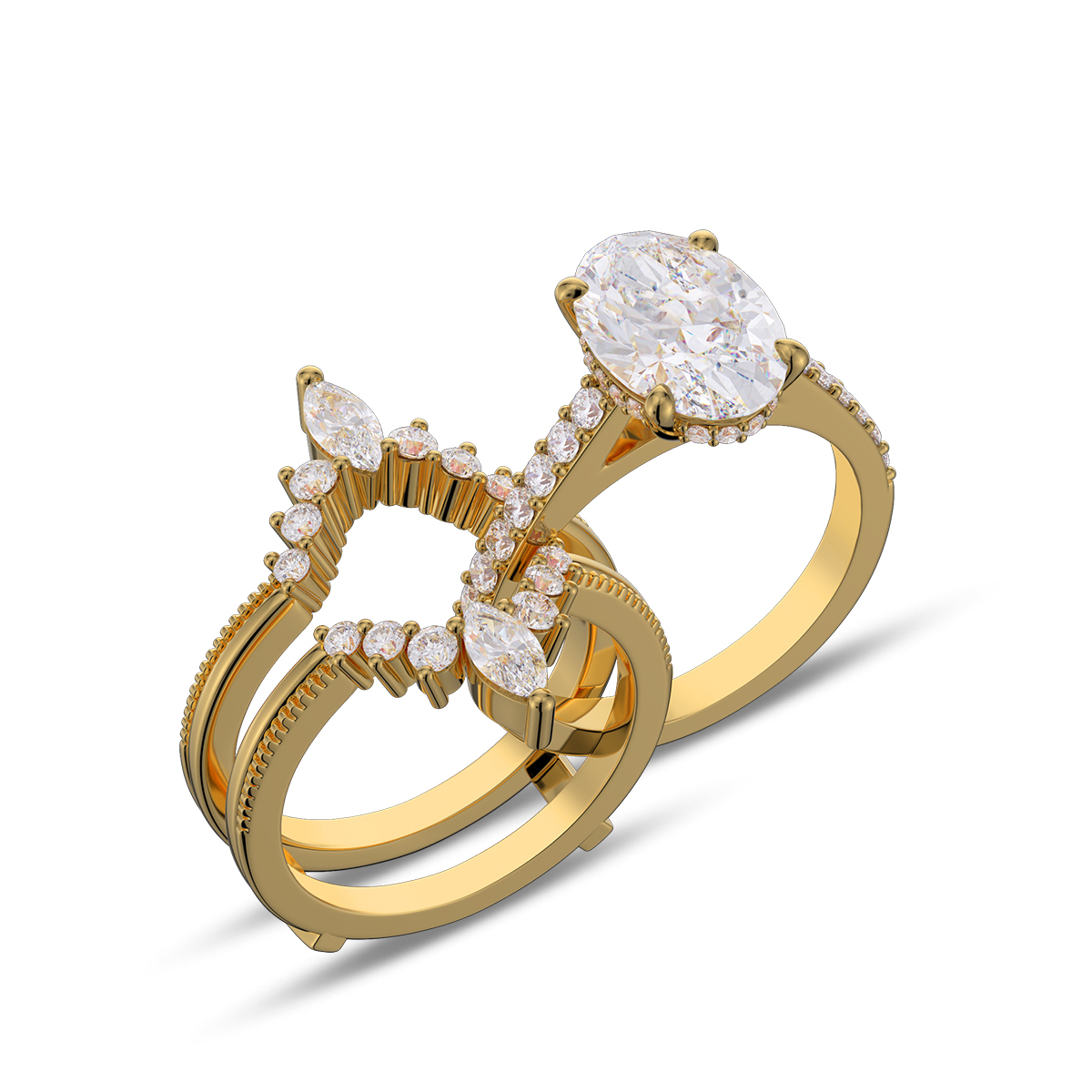 Oval Cut Diamond White Insert Sterling Silver Hidden Halo Jacket Bridal Sets