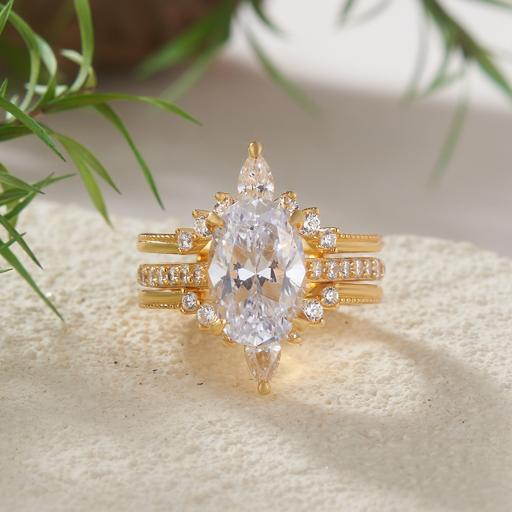 Oval Cut Diamond White Insert Sterling Silver Hidden Halo Jacket Bridal Sets