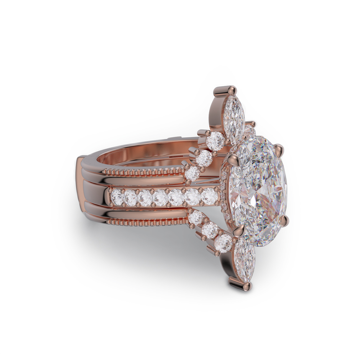 Oval Cut Diamond White Insert Sterling Silver Hidden Halo Jacket Bridal Sets