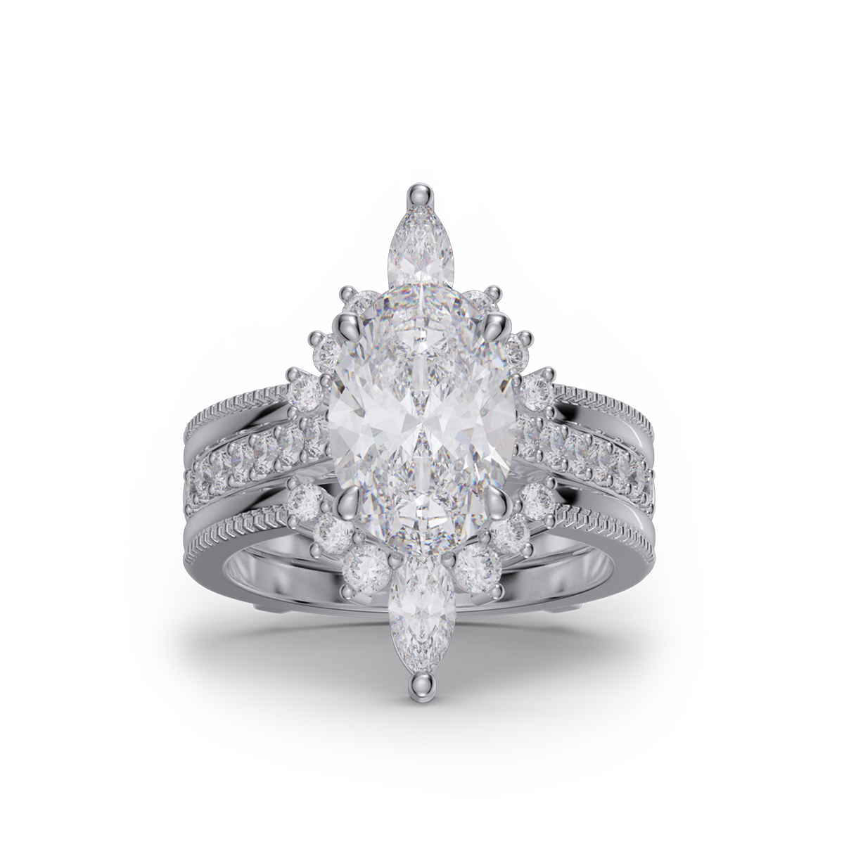 Oval Cut Diamond White Insert Sterling Silver Hidden Halo Jacket Bridal Sets