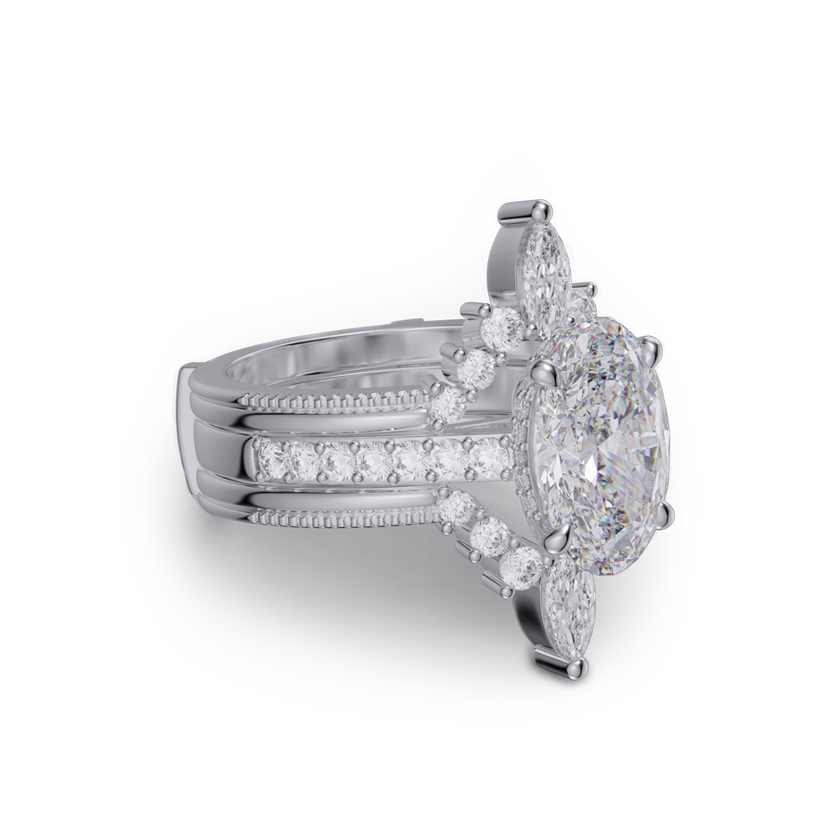 Oval Cut Diamond White Insert Sterling Silver Hidden Halo Jacket Bridal Sets