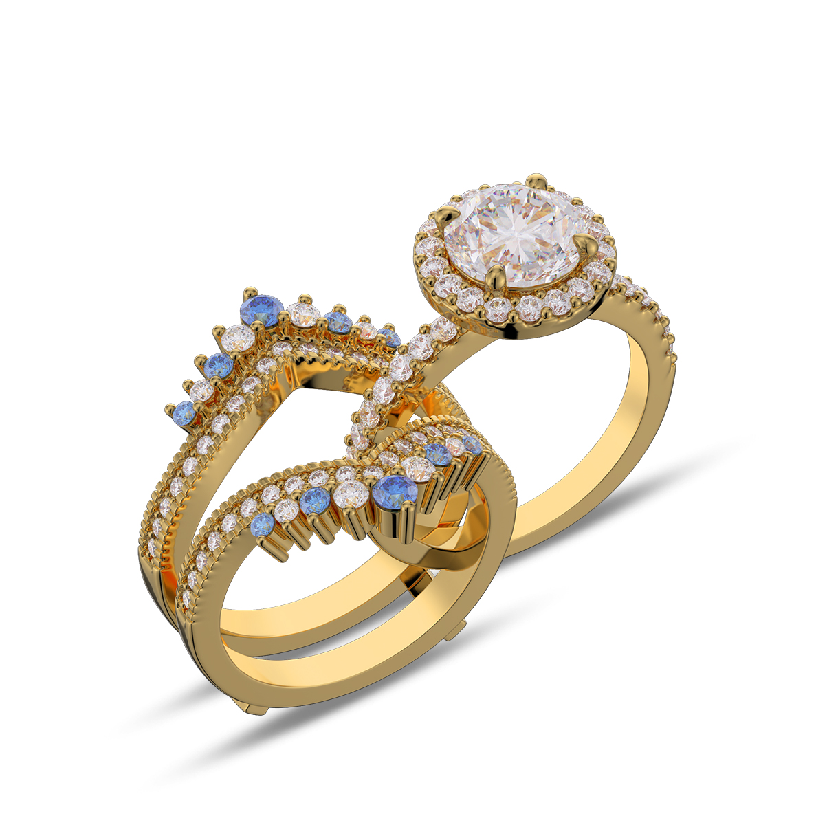 Round Cut Diamond White Insert Sterling Silver Halo Jacket Bridal Sets