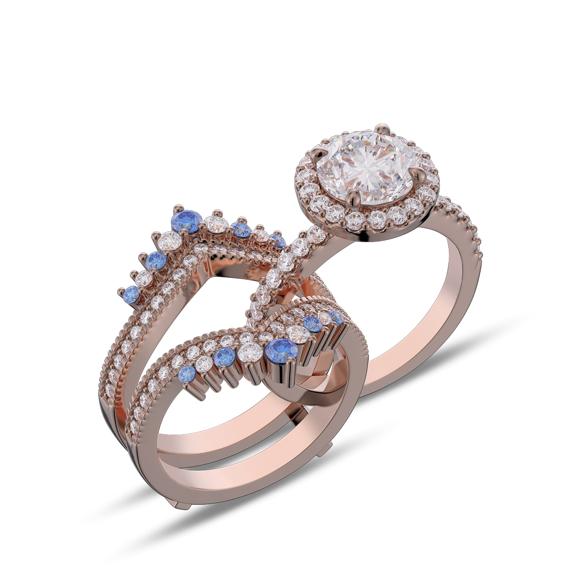 Round Cut Diamond White Insert Sterling Silver Halo Jacket Bridal Sets