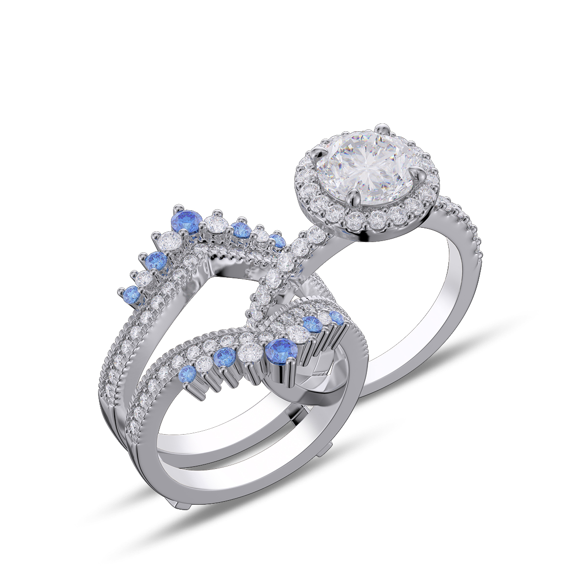 Round Cut Diamond White Insert Sterling Silver Halo Jacket Bridal Sets