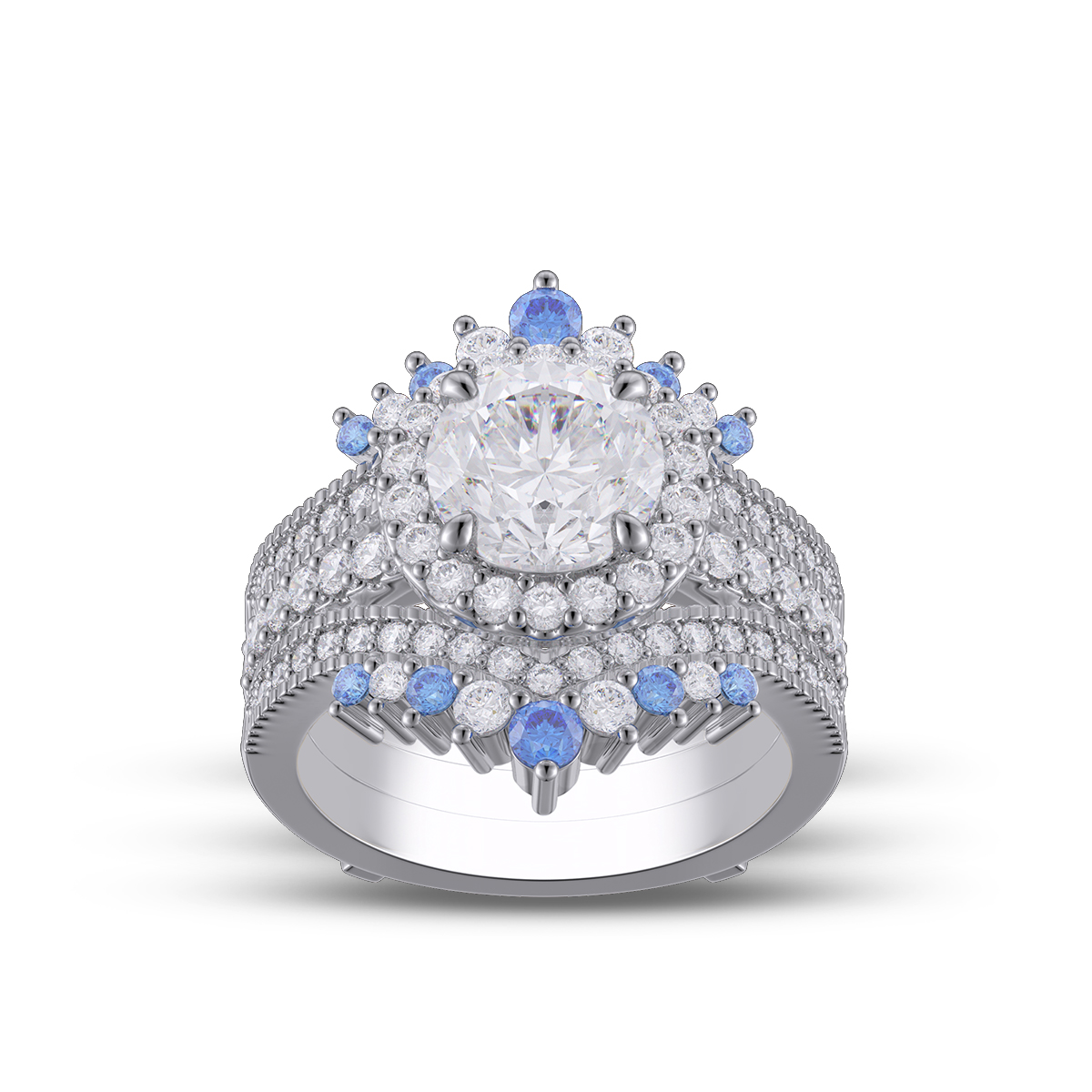 Round Cut Diamond White Insert Sterling Silver Halo Jacket Bridal Sets